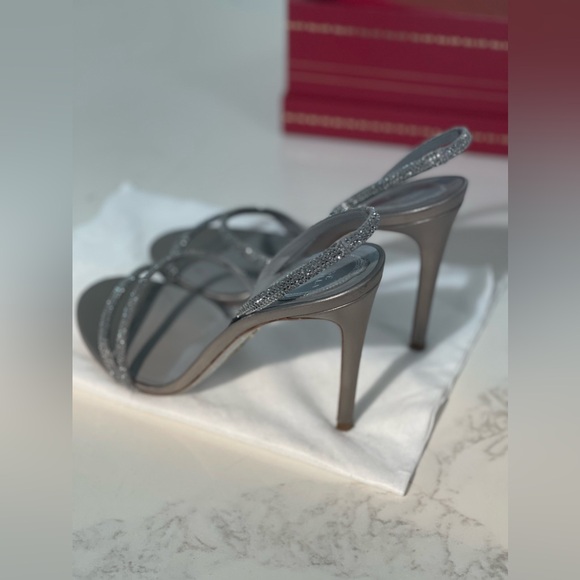 Rene Caovilla Irina Ash Grey Satin / Light Chrome Heel Pump 38.5 - Picture 6 of 8